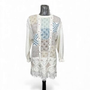 Vintage 80s Handmade Cottagecore Nordic Patchwork Knit Fringe Sweater Medium